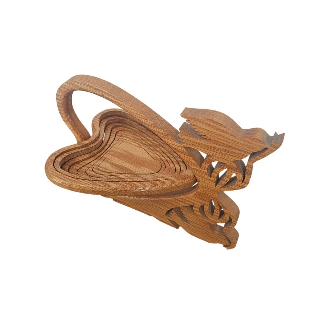 Handcrafted Collapsible Wooden Heart Fruit Basket Bird Motif Trivet Bowl